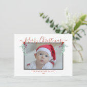 Moderne Script Merry Kerstmis Floral Lijst Foto Feestdagenkaart (Staand voorkant)