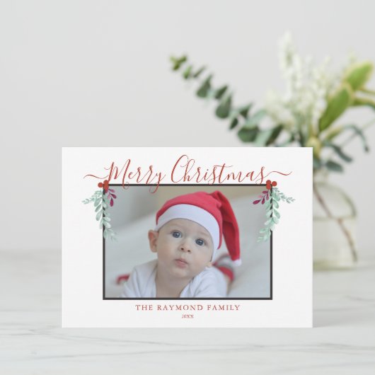 Moderne Script Merry Kerstmis Floral Lijst Foto Feestdagenkaart (Staand voorkant)