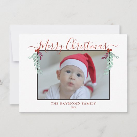 Moderne Script Merry Kerstmis Floral Lijst Foto Feestdagenkaart (Voorkant)