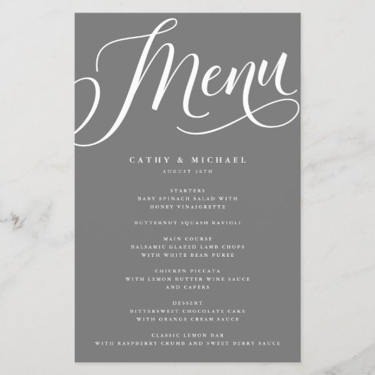 Moderne Script met Krullen, Grijs Papier Menu (Voorkant)