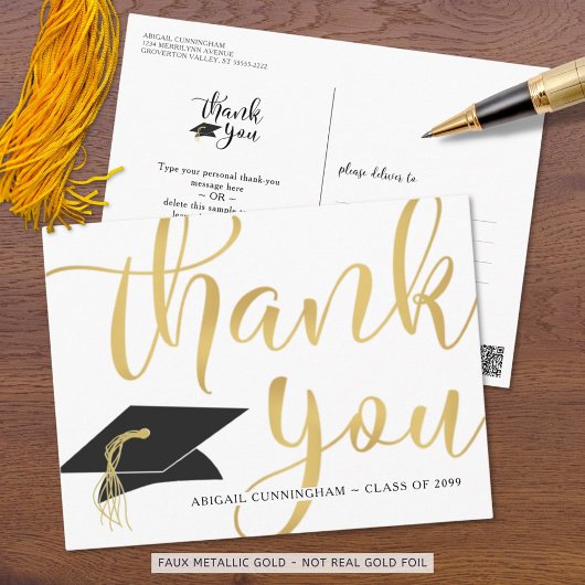 Moderne Script Metallic Goud Afstudeer Dankjewel Briefkaart