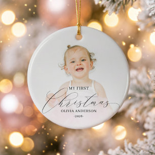 Moderne Script Mijn Eerste Kerst Baby Foto Keramisch Ornament