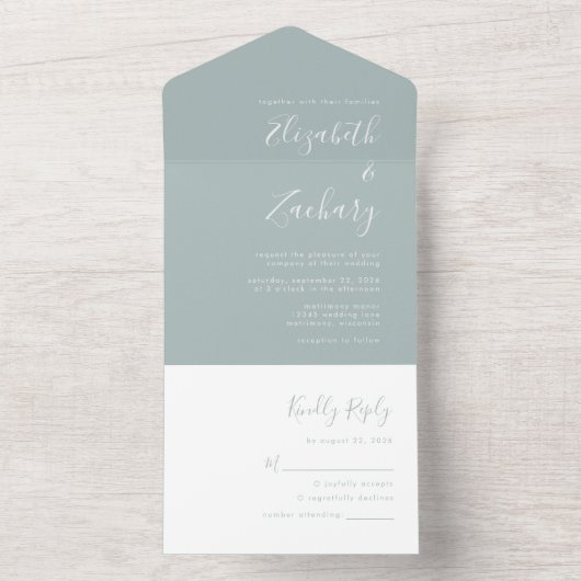 Moderne Script Minimaal Zeeglas Bruiloft All In One Uitnodiging (Binnen)