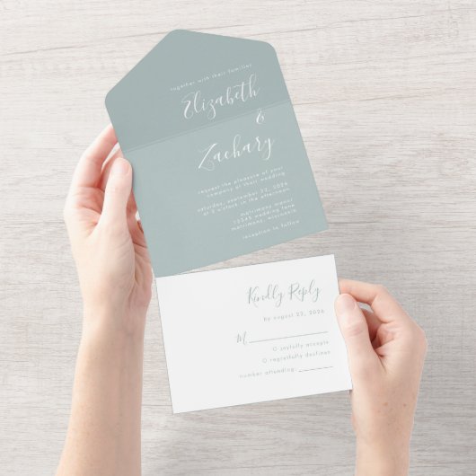 Moderne Script Minimal Zee Glass Wedding All In One Uitnodiging (Afscheurbaar)