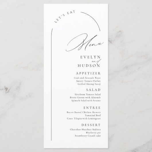 Moderne Script Minimalistische Boog Bruiloft Menu (Voorkant)