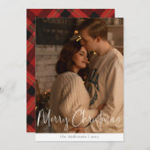 Moderne Script Minimalistische Foto Rode Kerst Feestdagenkaart (Voorkant / Achterkant)