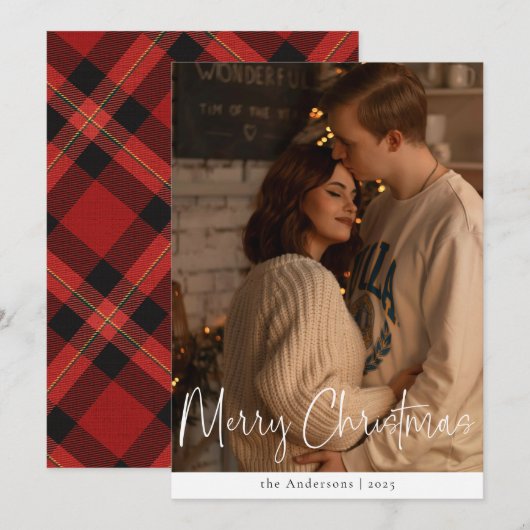 Moderne Script Minimalistische Foto Rode Kerst Feestdagenkaart (Voorkant / Achterkant)