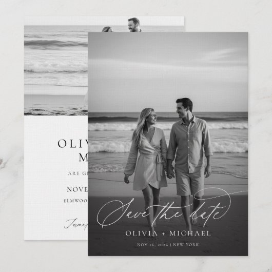 Moderne script minimalistische trouwfoto save the date (Voorkant / Achterkant)