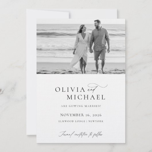 Moderne script minimalistische trouwfoto save the date (Achterkant)