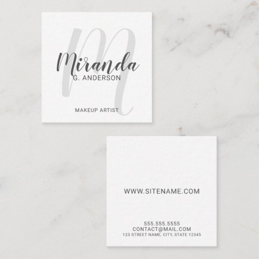 Moderne Script Monogram en Naam Vierkante Visitekaartje (Voorkant / Achterkant)