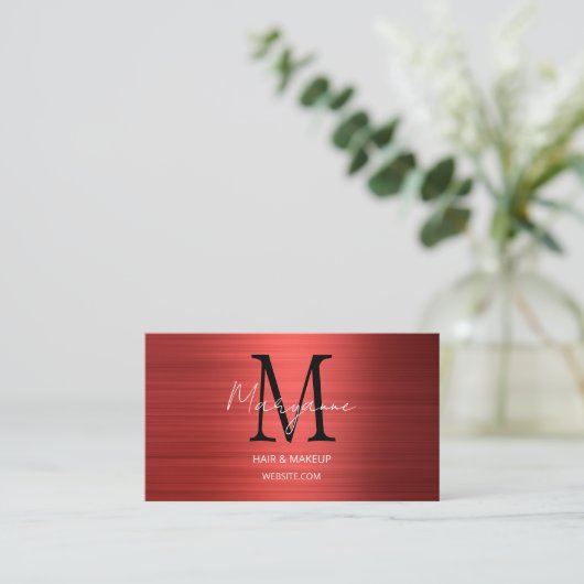 Moderne Script Monogram Rode Visitekaartje (Staand voorkant)