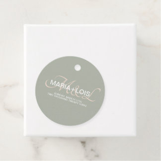 Moderne script monogram rozig roze trouw bedankjes labels