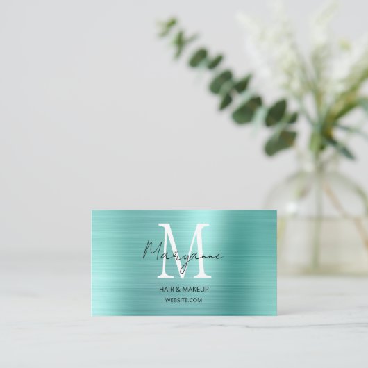 Moderne Script Monogram Turquoise Visitekaartje (Staand voorkant)