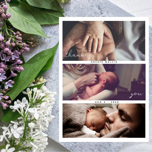 Moderne Script Multi Foto Collage Baby Shower Bedankkaart