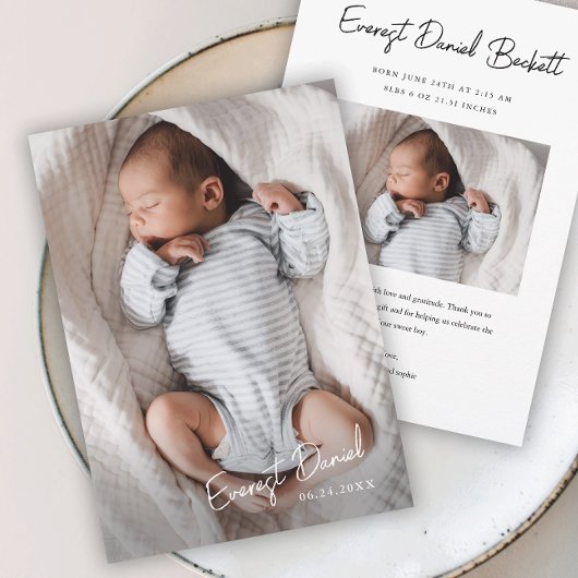 Moderne Script Naam Baby Foto Geboorte Aankondigin Kaart