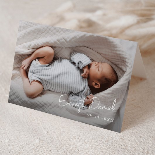 Moderne Script Naam Foto Baby Bedankkaart