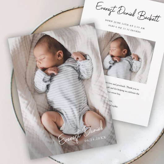 Moderne Script Naam Foto Baby  Bedankkaart