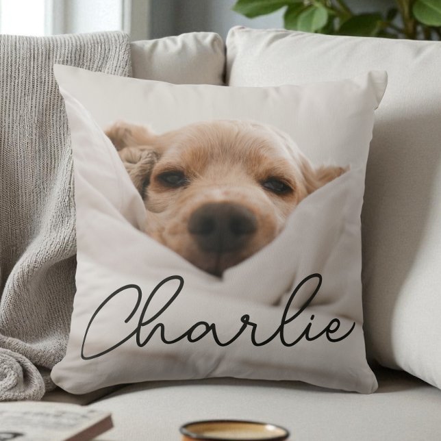 Moderne Script Naam Gepersonaliseerde Huisdier Fot Kussen (Modern Script Name Personalized Pet Photo Dog Throw Pillow)
