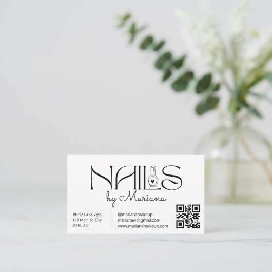 Moderne Script Nail Tech QR Code Salon Visitekaartje (Staand voorkant)