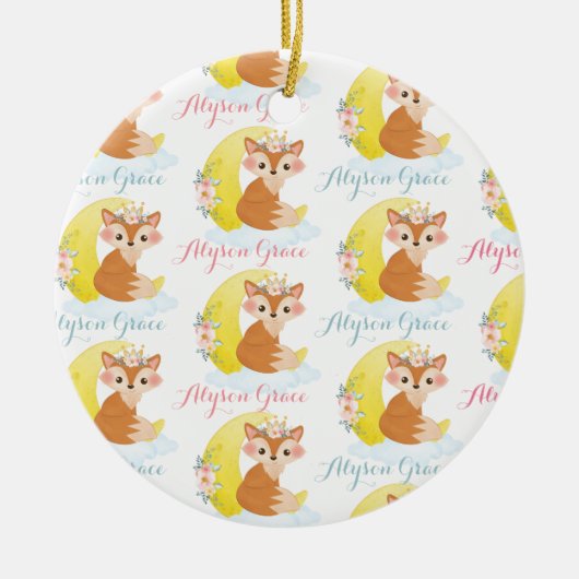 Moderne Script Name Cute Girly Floral Fox Pattern Keramisch Ornament (Voorkant)