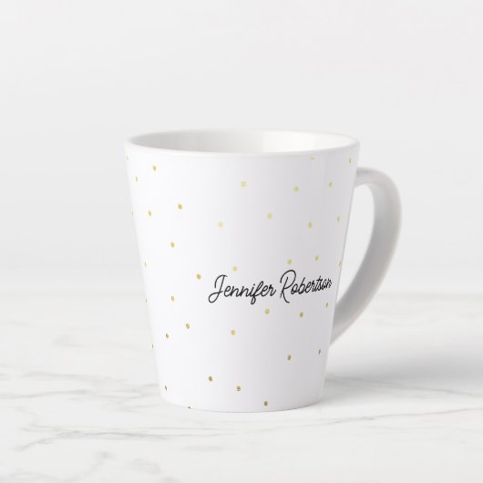 Moderne Script Name White & Gold Stippen Latte Mok (Rechterhoek)