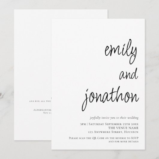 Moderne Script Namen QR Code Huwelijk Kaart (Voorkant / Achterkant)