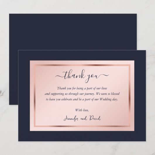 Moderne Script Navy Blue Blush Roos Gold Bedankkaart (Voorkant / Achterkant)