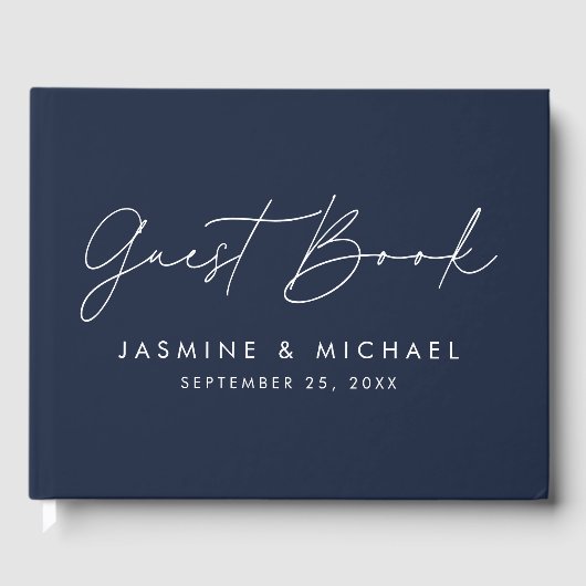 Moderne Script Navy Foto Bruiloft Gastenboek (Voorkant)