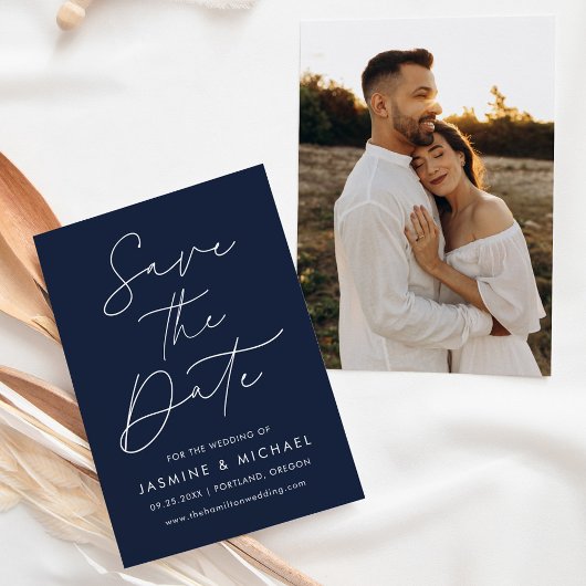 Moderne Script Navy Foto Save The Date