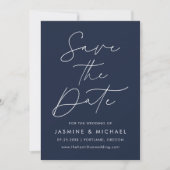 Moderne Script Navy Foto Save The Date (Voorkant)