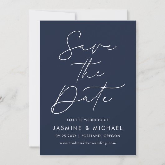 Moderne Script Navy Foto Save The Date (Voorkant)