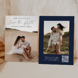 Moderne Script Navy QR Code 2 Foto Save The Date