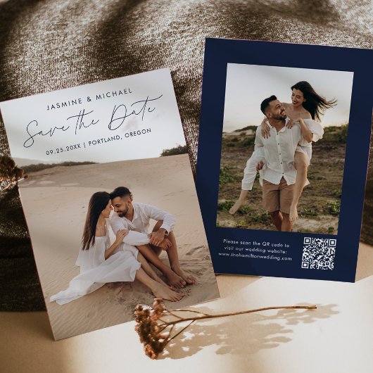 Moderne Script Navy QR Code 2 Foto Save The Date