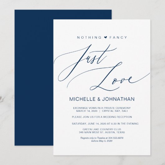 Moderne Script Navy Trouw Elopement Ontvangst Kaart (Voorkant / Achterkant)