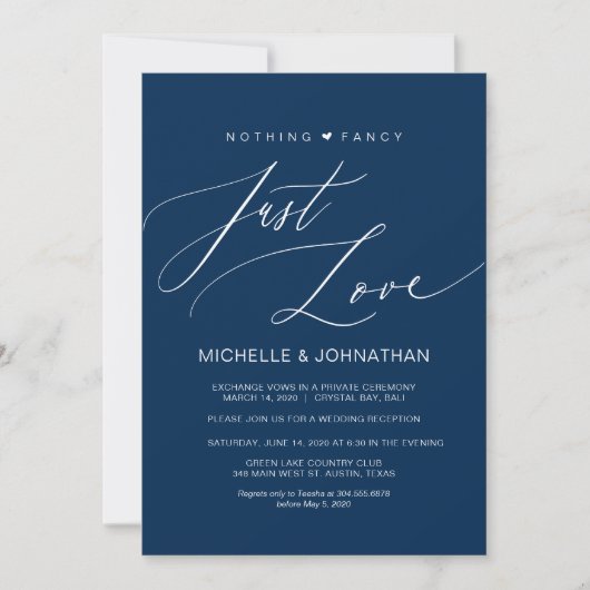 Moderne Script Navy Trouw Elopement Ontvangst Kaart (Voorkant)