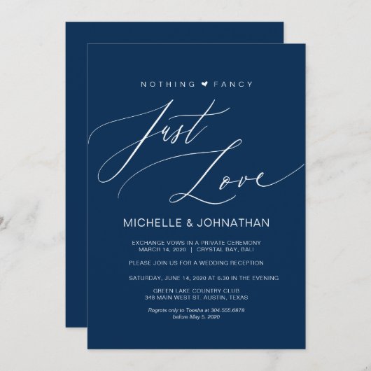 Moderne Script Navy Trouwdag Ontvangst Kaart (Voorkant / Achterkant)