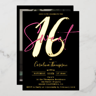 Moderne script neon roze foto Sweet 16 goud Folie Uitnodiging