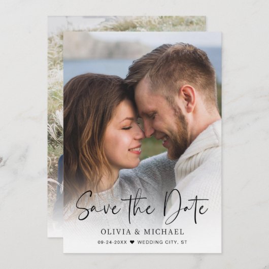 Moderne Script Overlay Foto Bruiloft Save The Date (Voorkant / Achterkant)