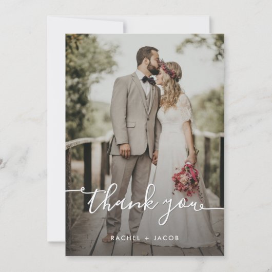 Moderne Script Overlay Simple Two Photo Wedding Bedankkaart (Voorkant)