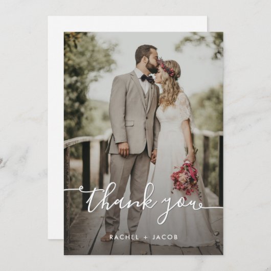 Moderne Script Overlay Simple Two Photo Wedding Bedankkaart (Voorkant / Achterkant)