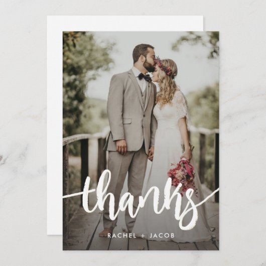 Moderne Script Overlay Simple Two Photo Wedding Th Bedankkaart (Voorkant / Achterkant)