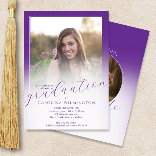 Moderne Script Paarse Ombre Foto Afstuderen Kaart