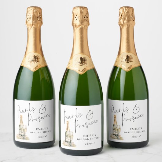Moderne Script Parels Prosecco Cheers Bruidsuitnod Sparkling Wijnetiket (Flessen)