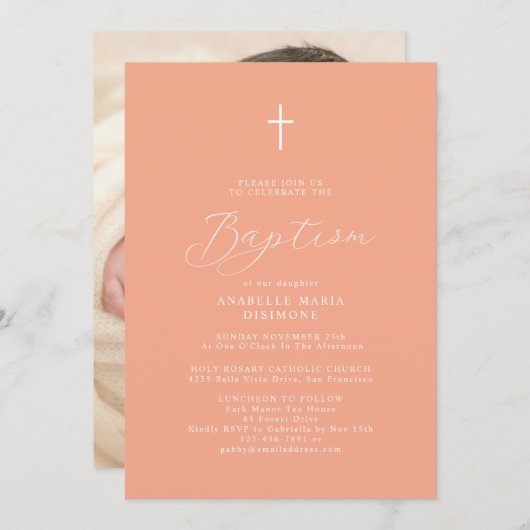 Moderne Script Peach Baby Foto doop Kaart (Voorkant / Achterkant)