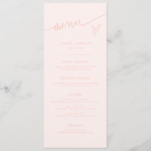 Moderne Script Perzik Huwelijksmenu Menu (Voorkant)