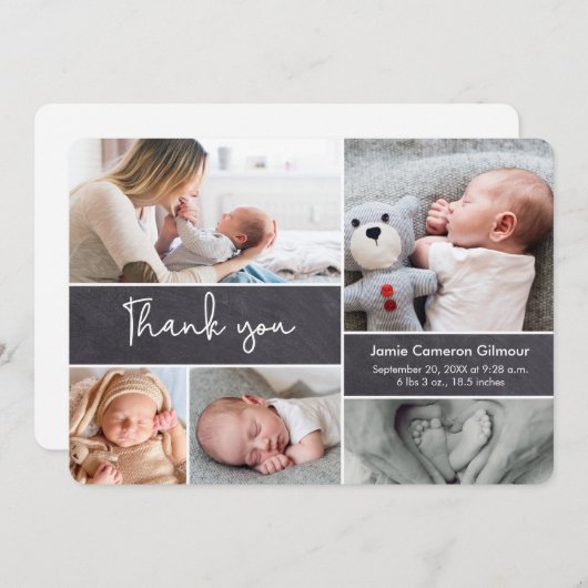 Moderne Script Photo Collage Baby Shower Bedankkaart (Voorkant / Achterkant)
