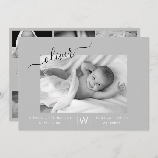 Moderne Script Photo Collage New Baby Birth Aankondiging (Voorkant / Achterkant)