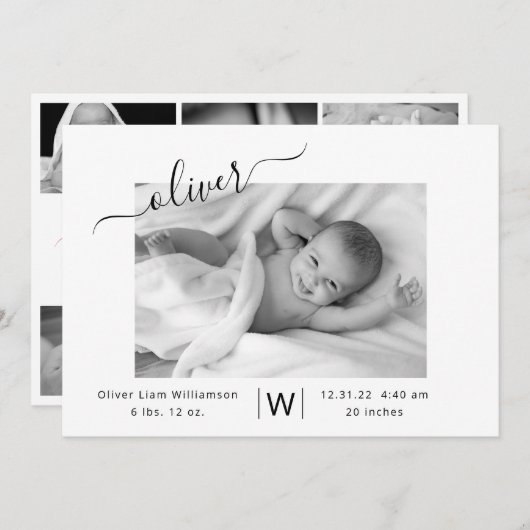 Moderne Script Photo Collage New Baby Birth Aankondiging (Voorkant / Achterkant)