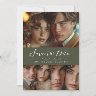 Moderne Script Photo Collage Olijfgroen Save The Date