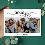 Moderne Script Photo Collage Wedding Hartelijk dan Bedankkaart<br><div class="desc">Elegant Modern Chic Kalligrafie Script 3 Fotocollage Bruiloft Dank je Kaart. Stijlvolle bruiloft dank u sjabloon met 3 foto op de voorkant met de tekst "Thank You" in een grillige swirly hand belettering typografie script swash tail font. 2-zijdige kaart aan de achterkant één (1) foto. Gemakkelijk om jouw naam te...</div>